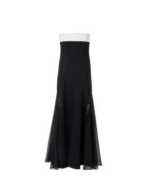 Designer Strapless Denim Midi Dress with Silk Insets - black