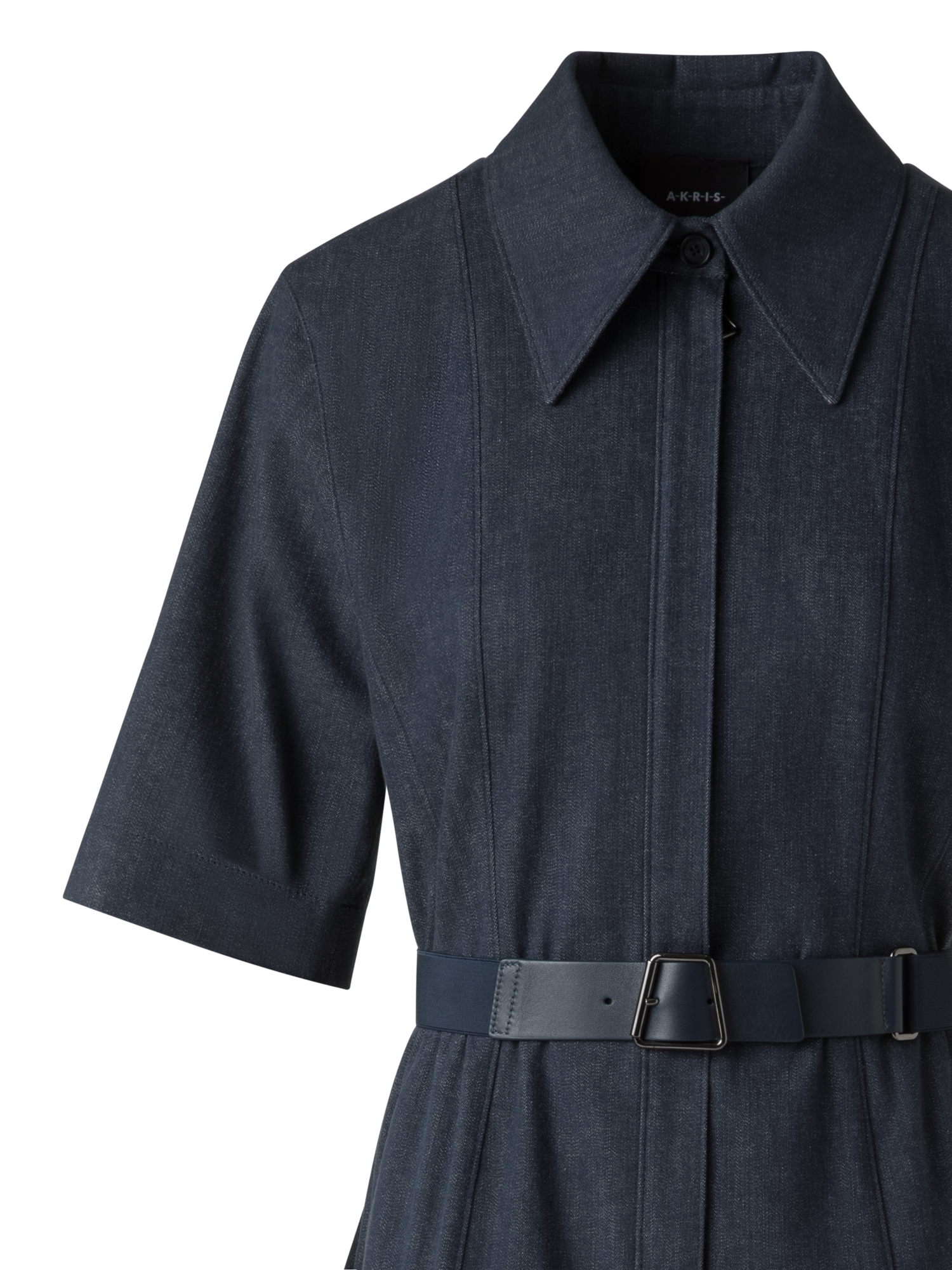 Designer Short Sleeve Shirt Dress in Cotton Denim - neutral - navy - blue