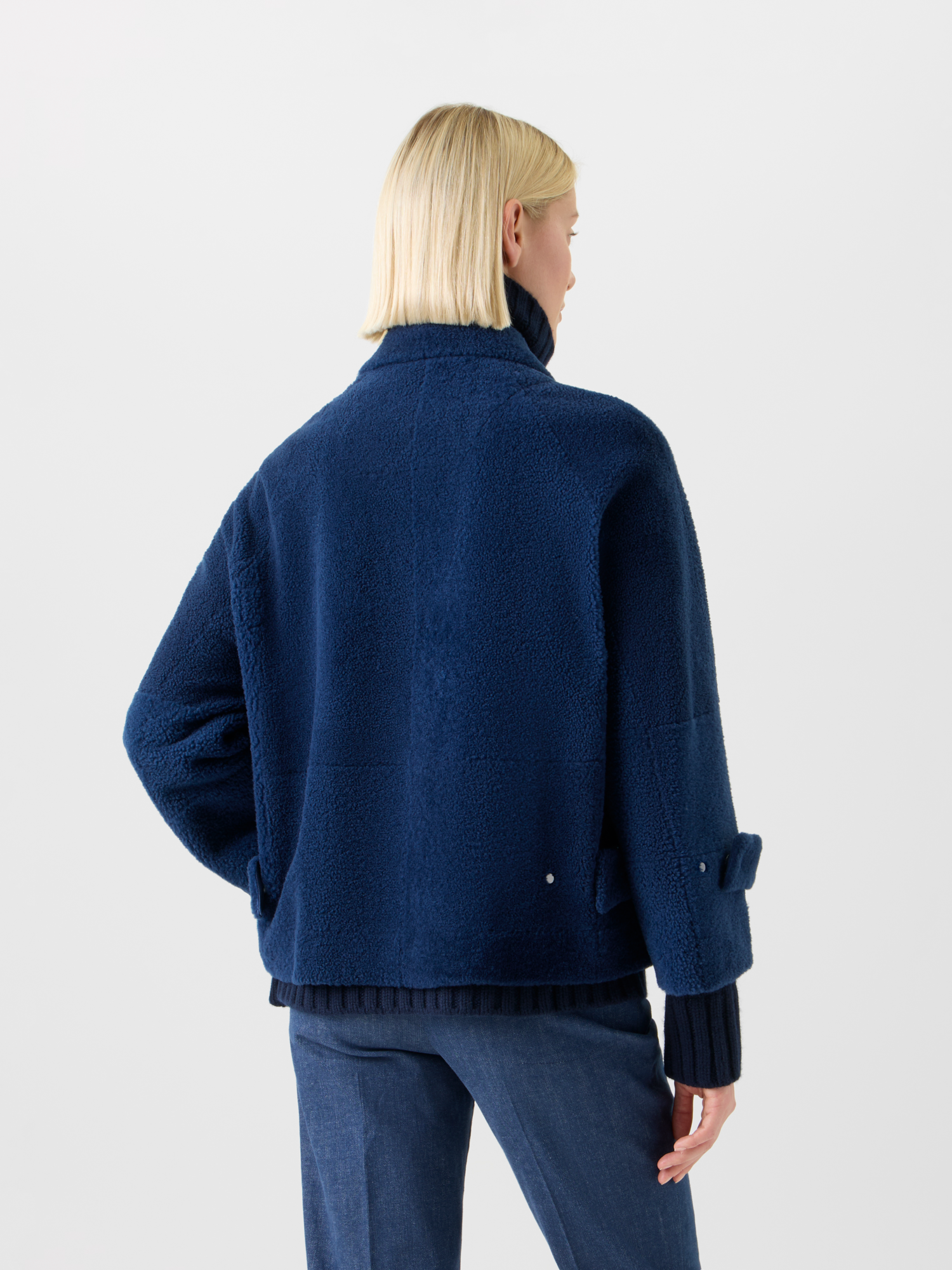 Designer Short A-Line Shearling Jacket - neutral - navy - blue 