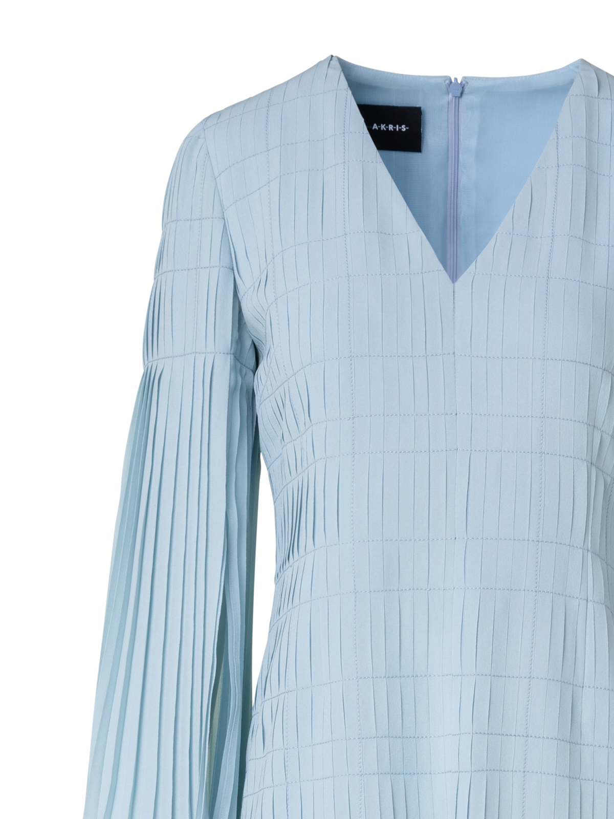 Designer Long Pleated Gown with Long Flared Sleeves - blue