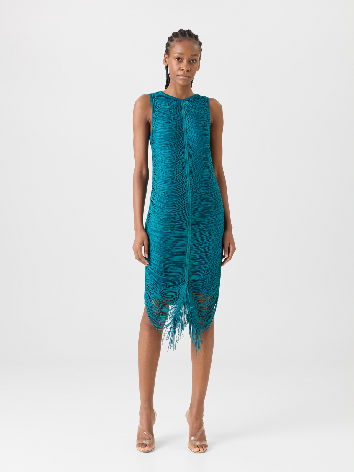 Sleeveless Fringe Drape Knit Sheath Dress in Silk