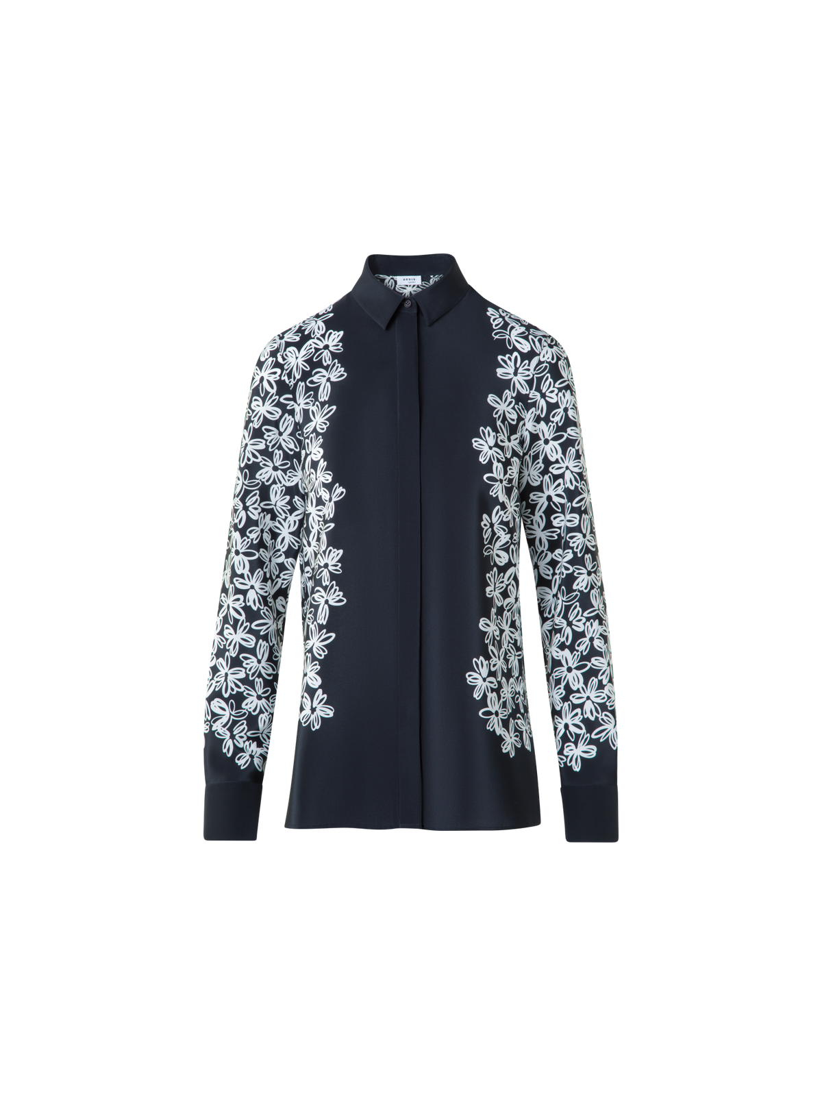 Designer Silk Blouse with Daisy Print - black - neutral - multicolor