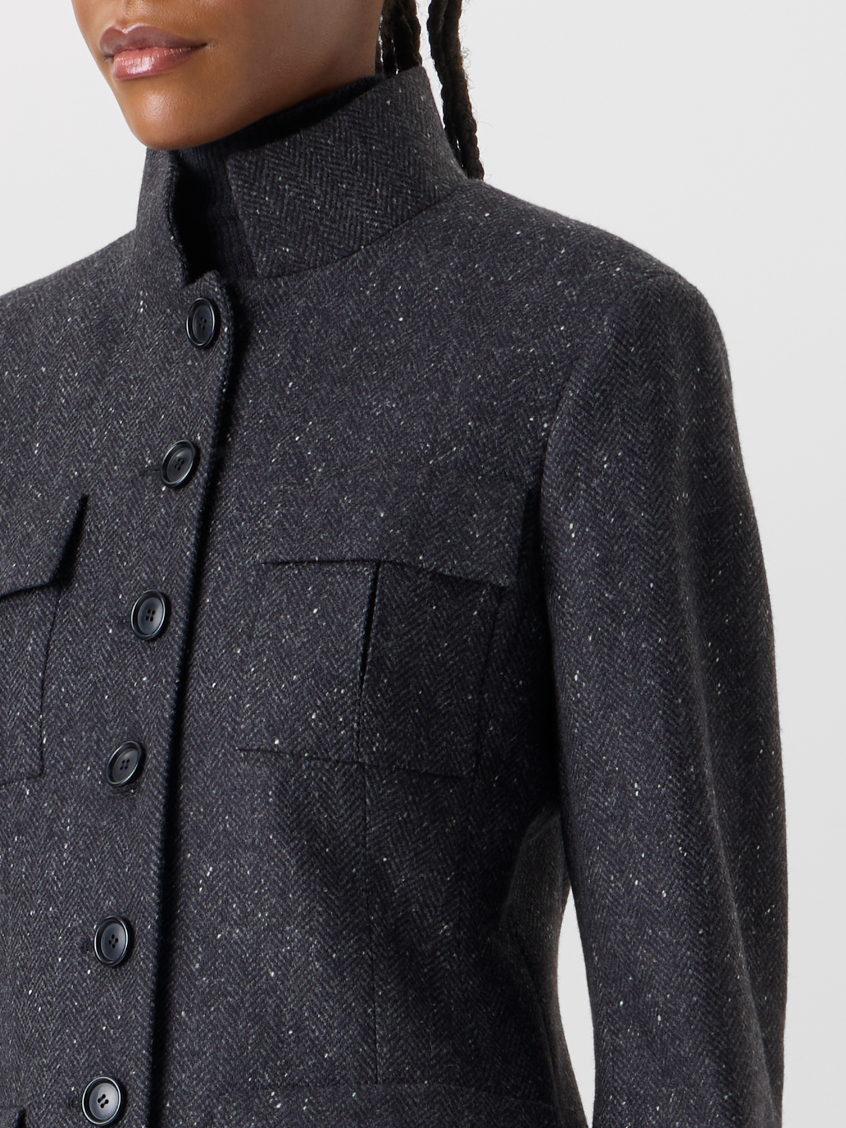 Designer Fitted Herringbone Cashmere Jacket with Four Pockets - grey #editorial