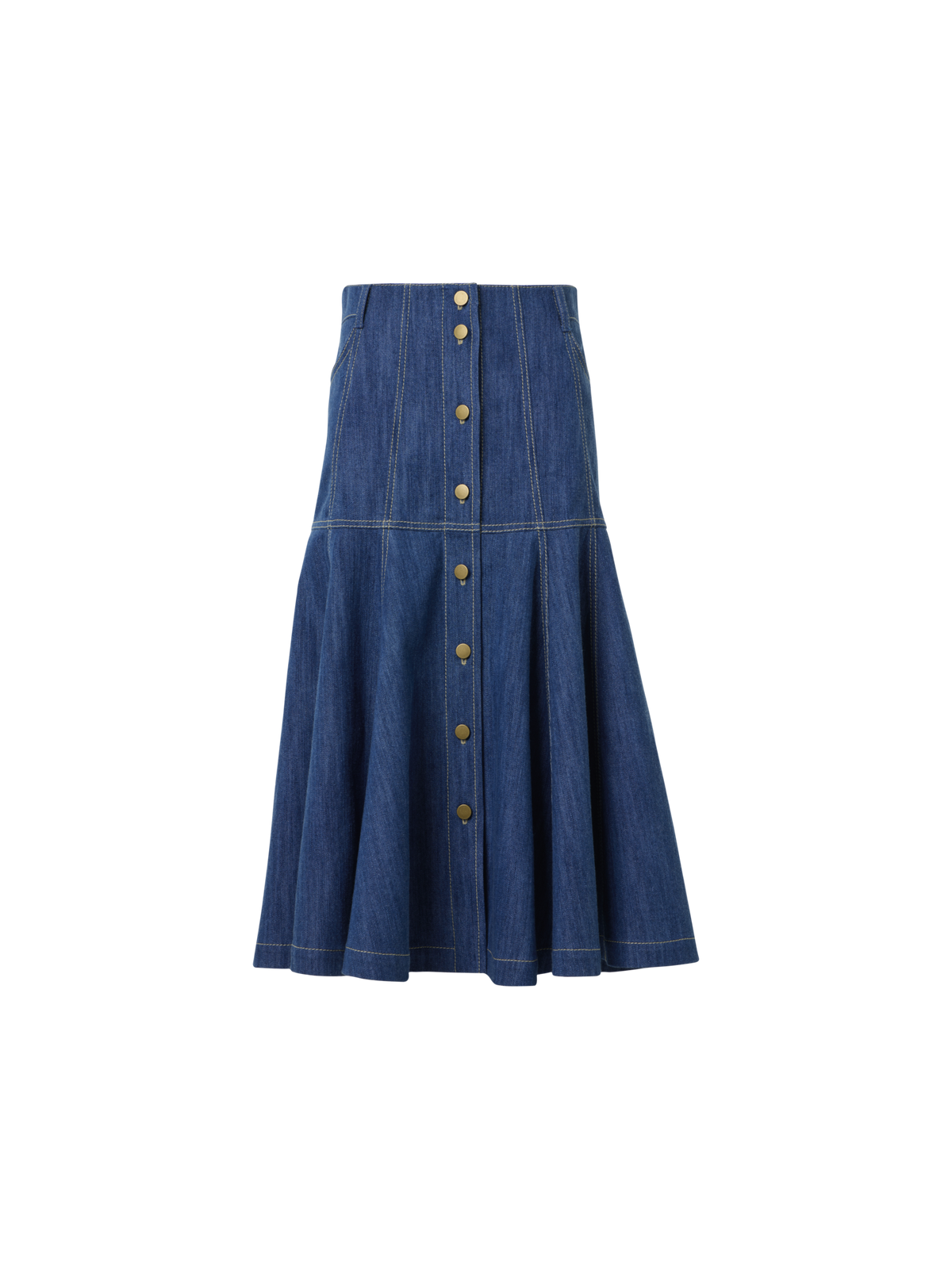 Designer Cotton Denim Midi Skirt with Flared Hem - blue