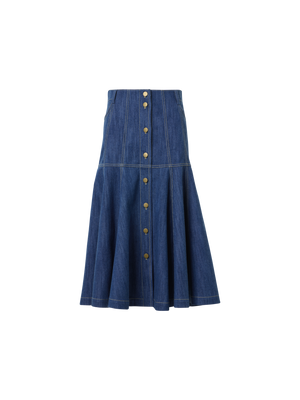 Designer Cotton Denim Midi Skirt with Flared Hem - blue