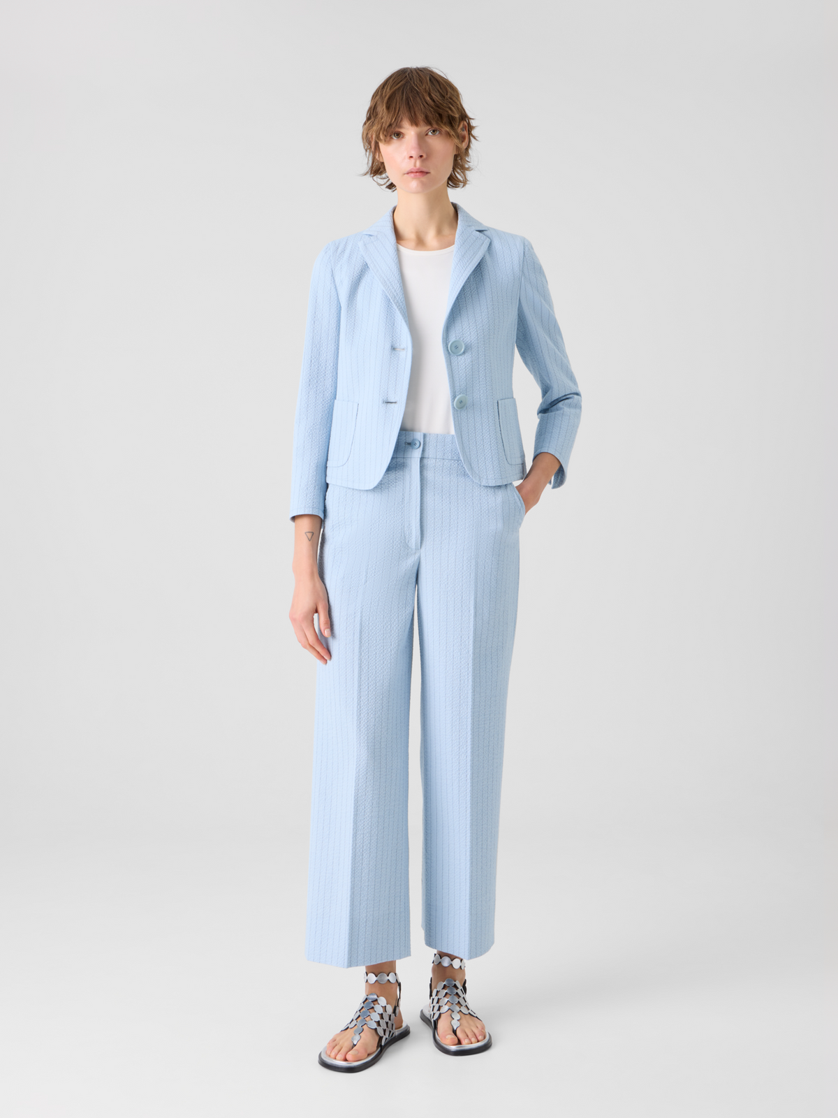 Designer Chiara High-Rise Cropped Wide Leg Seersucker Pants - pastel - blue