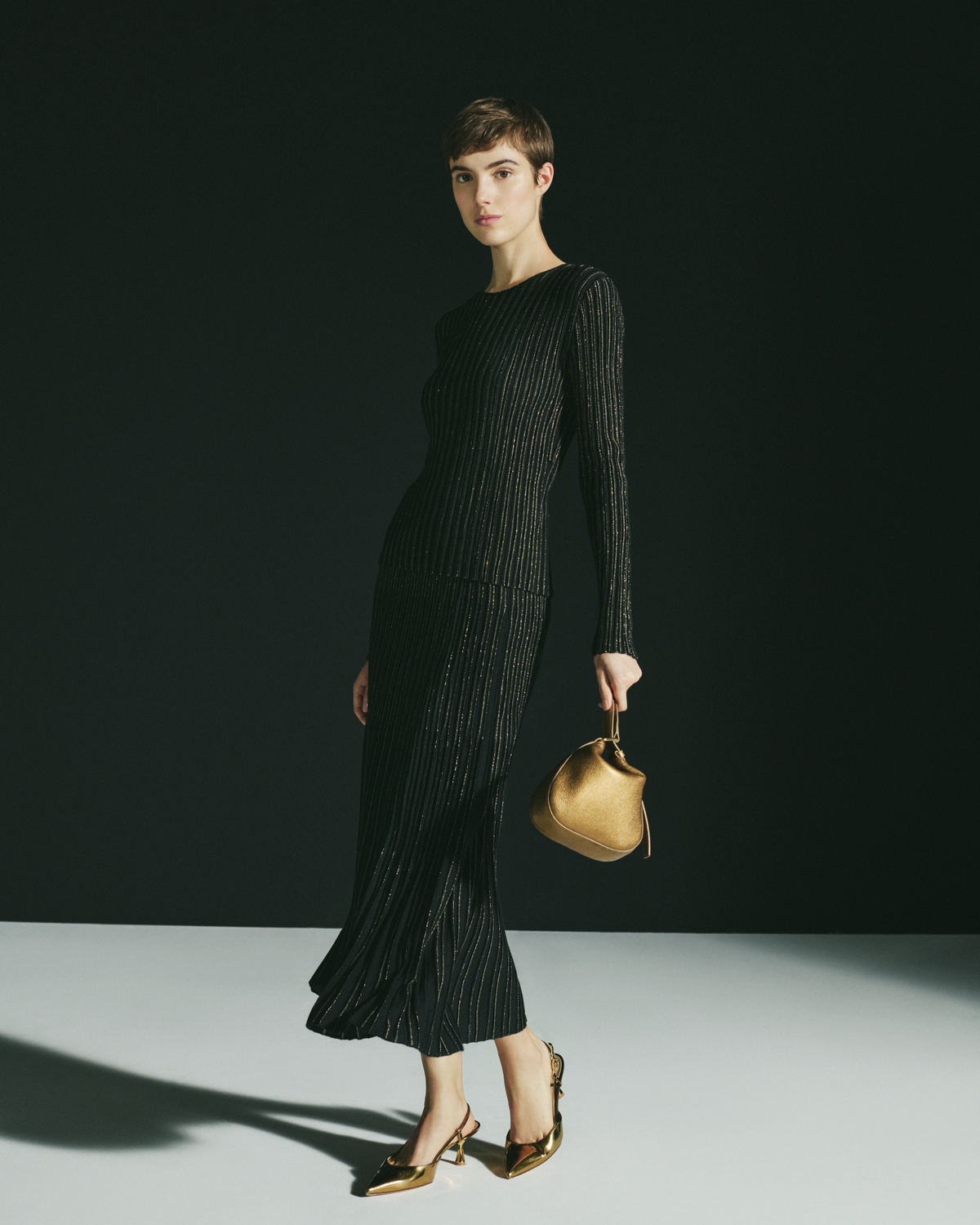 Designer Wool Silk Rib and Lurex Striped Sweater - black - multicolor - gold #editorial