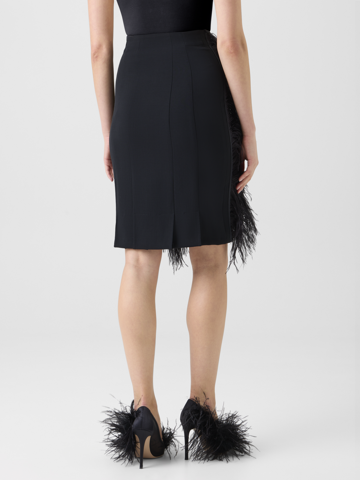 Designer Wool Double-Face Feathered Pencil Skirt - black - neutral 