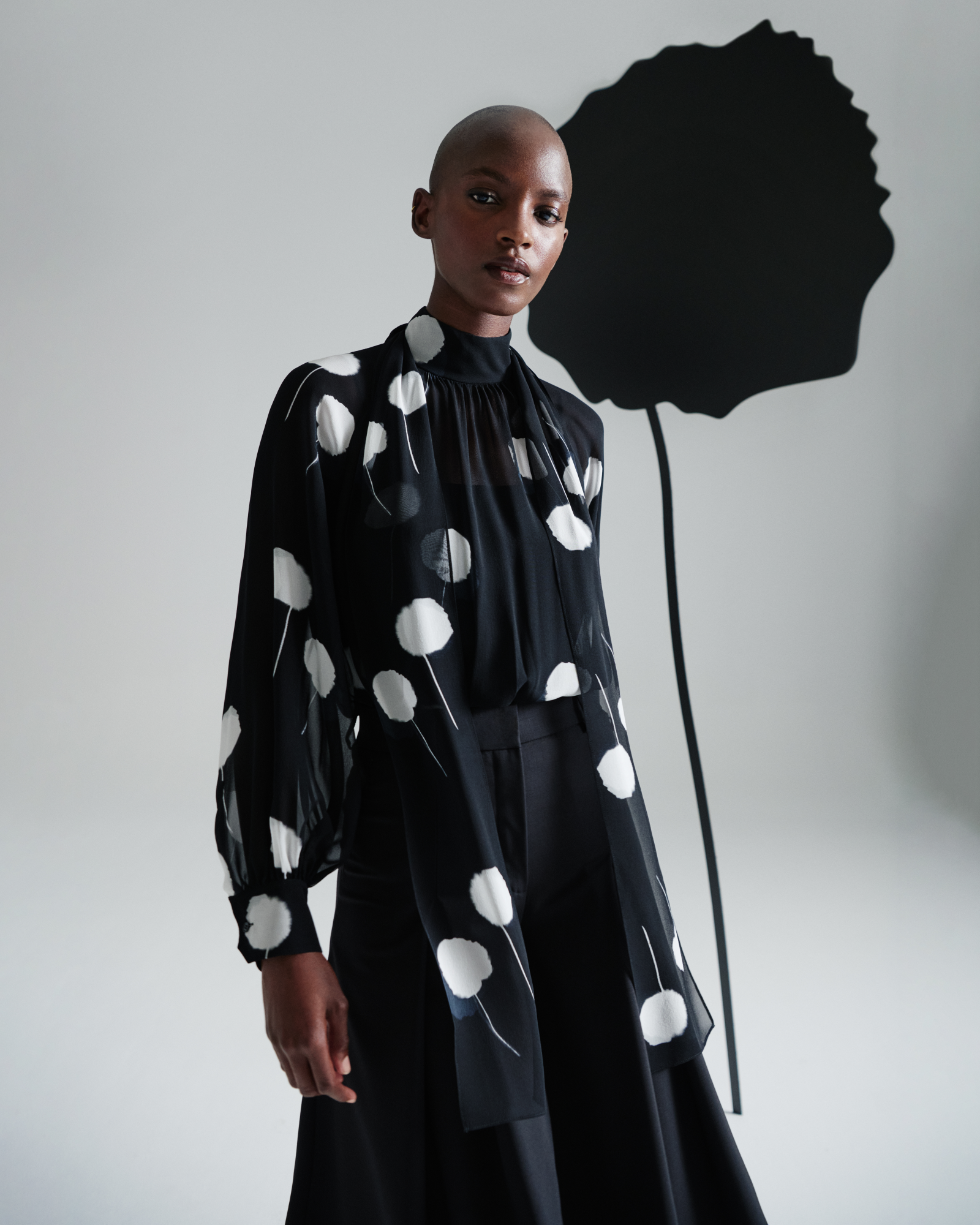 Designer Bow Tie Blouse in Silk with Dandelion Print  - black - multicolor 