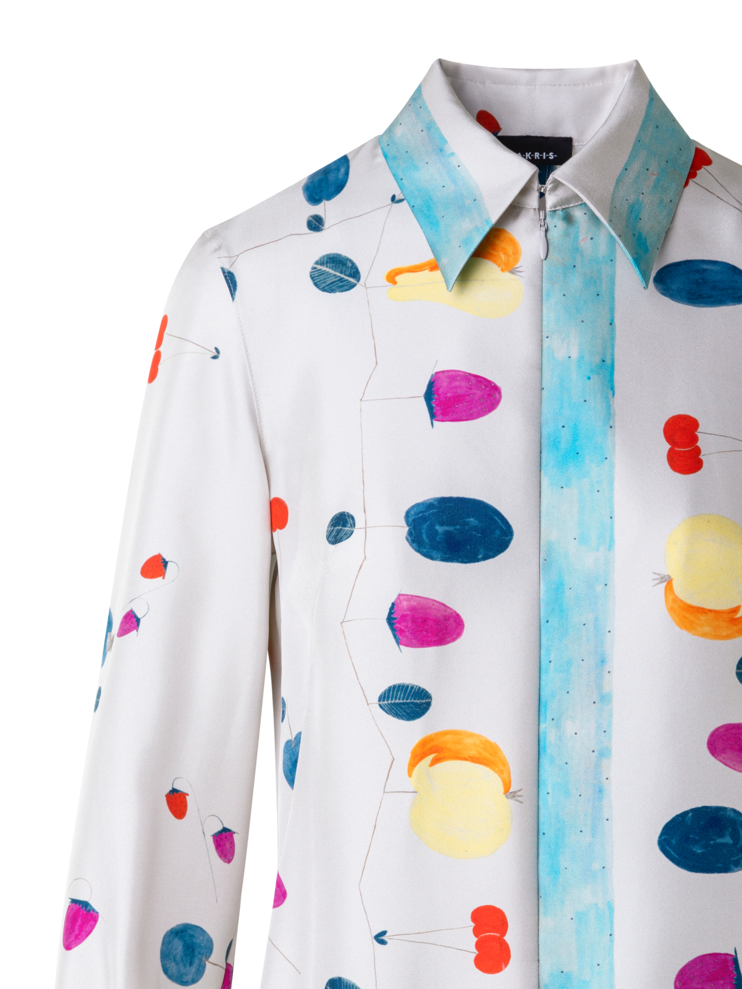 Designer Silk Tunic Blouse with Fruits Print - multicolor