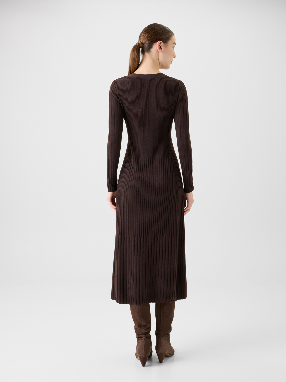 Designer Henley V-Neck Merino Wool Knit Midi Dress - neutral - brown #editorial