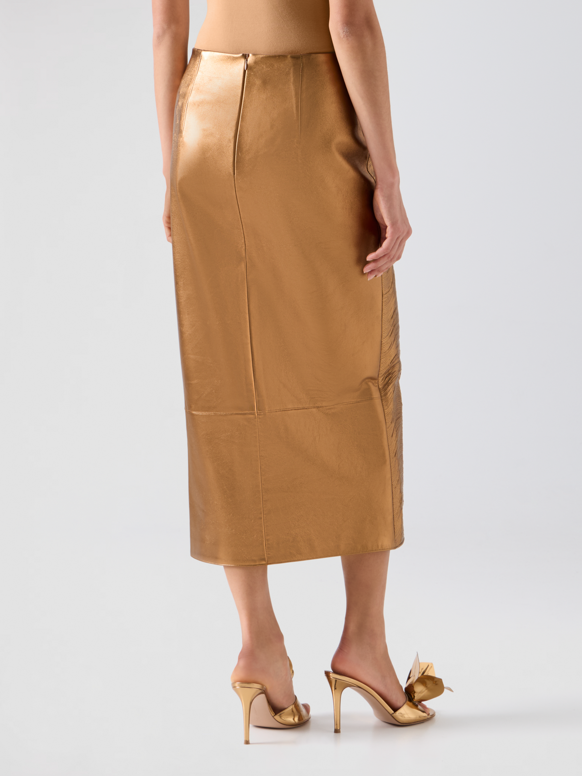 Designer Midi Pencil Skirt in Lamé Leather Stripe Embroidery - gold #editorial