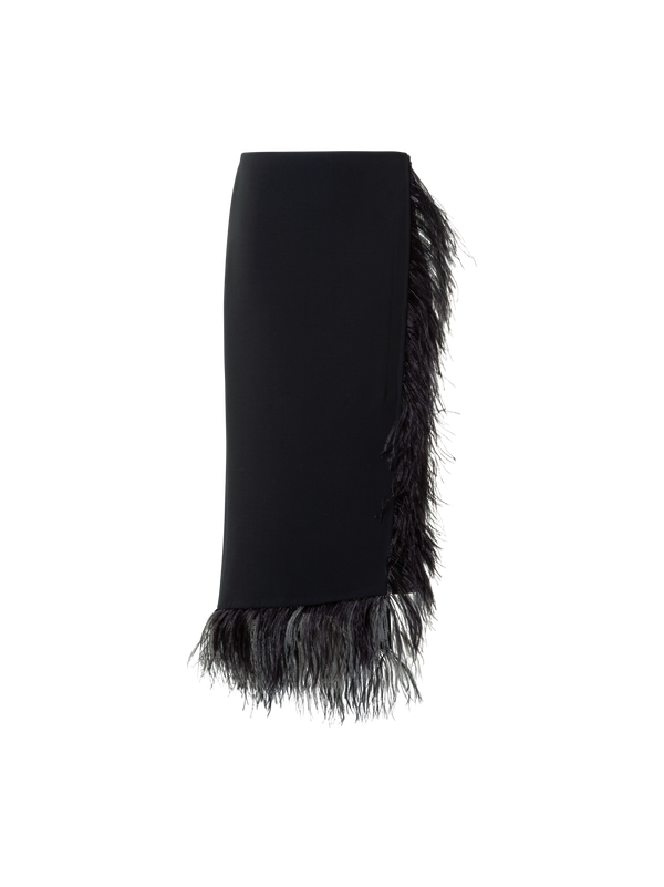 Designer Asymmetrical Wool Midi Skirt with Feather Trim - black - neutral