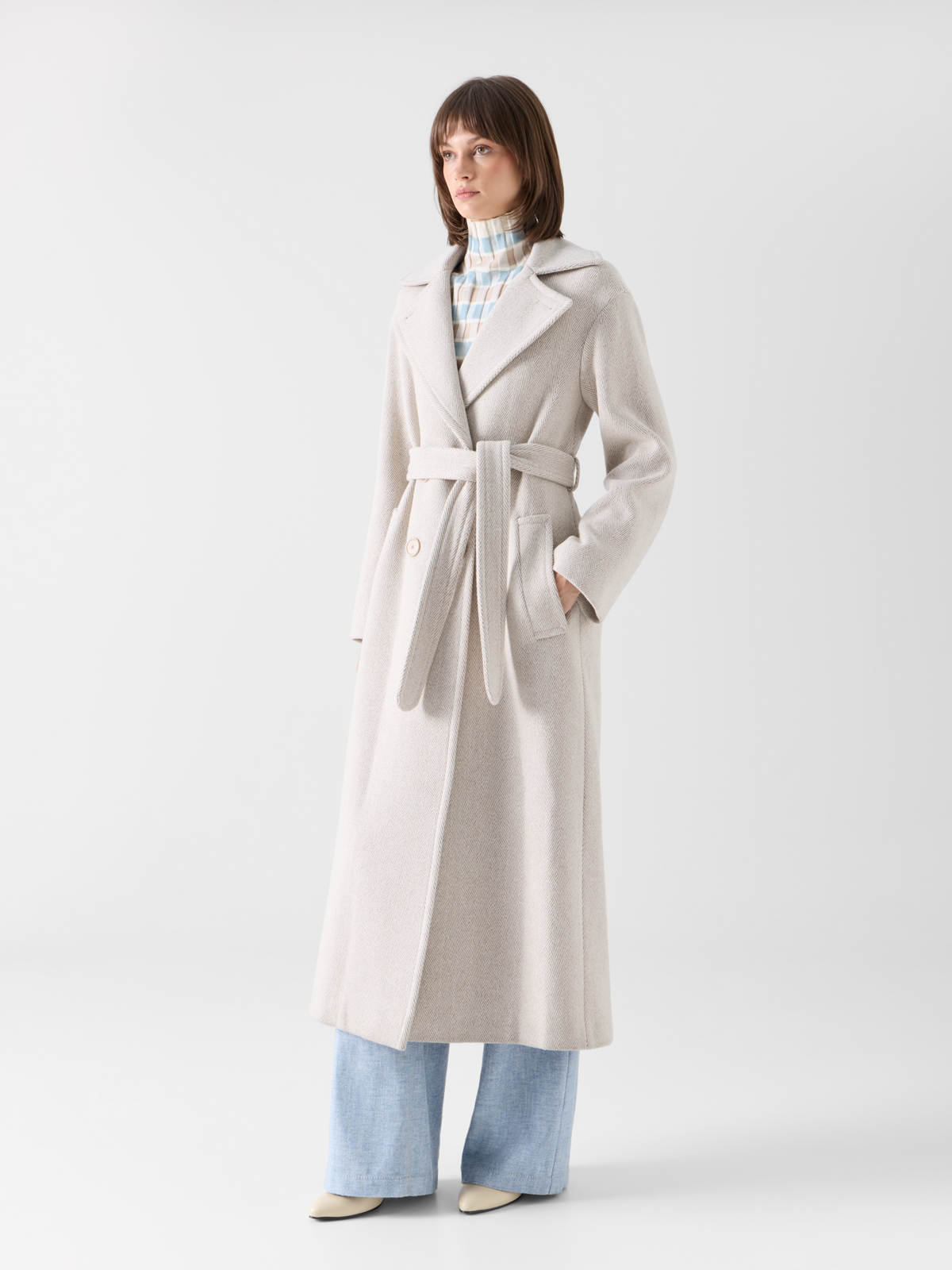 Designer Herringbone Wool-Blend Maxi Coat - beige 