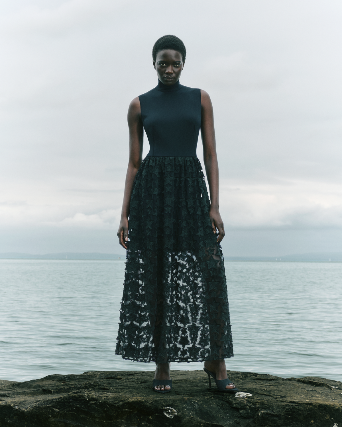 Designer Midi Dress with 3D Star Embroidery - black #editorial