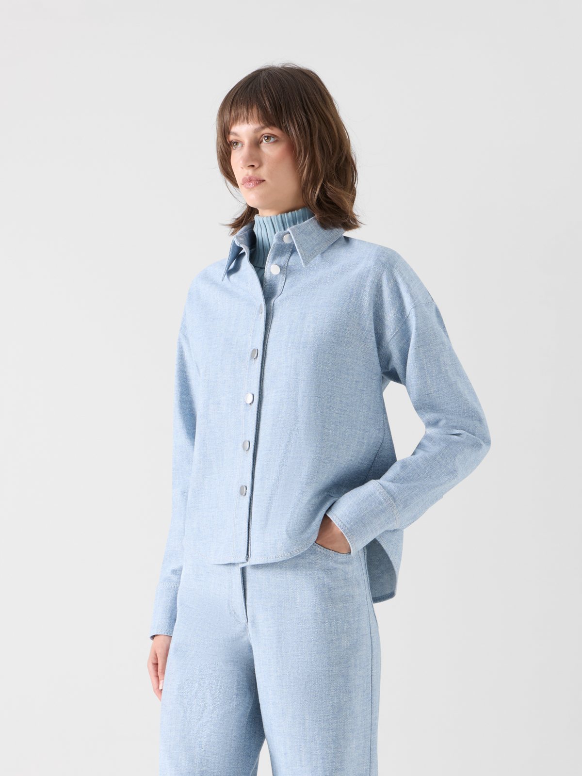 Designer Cropped Shirt Blouse in Brushed Winter Denim - blue #editorial