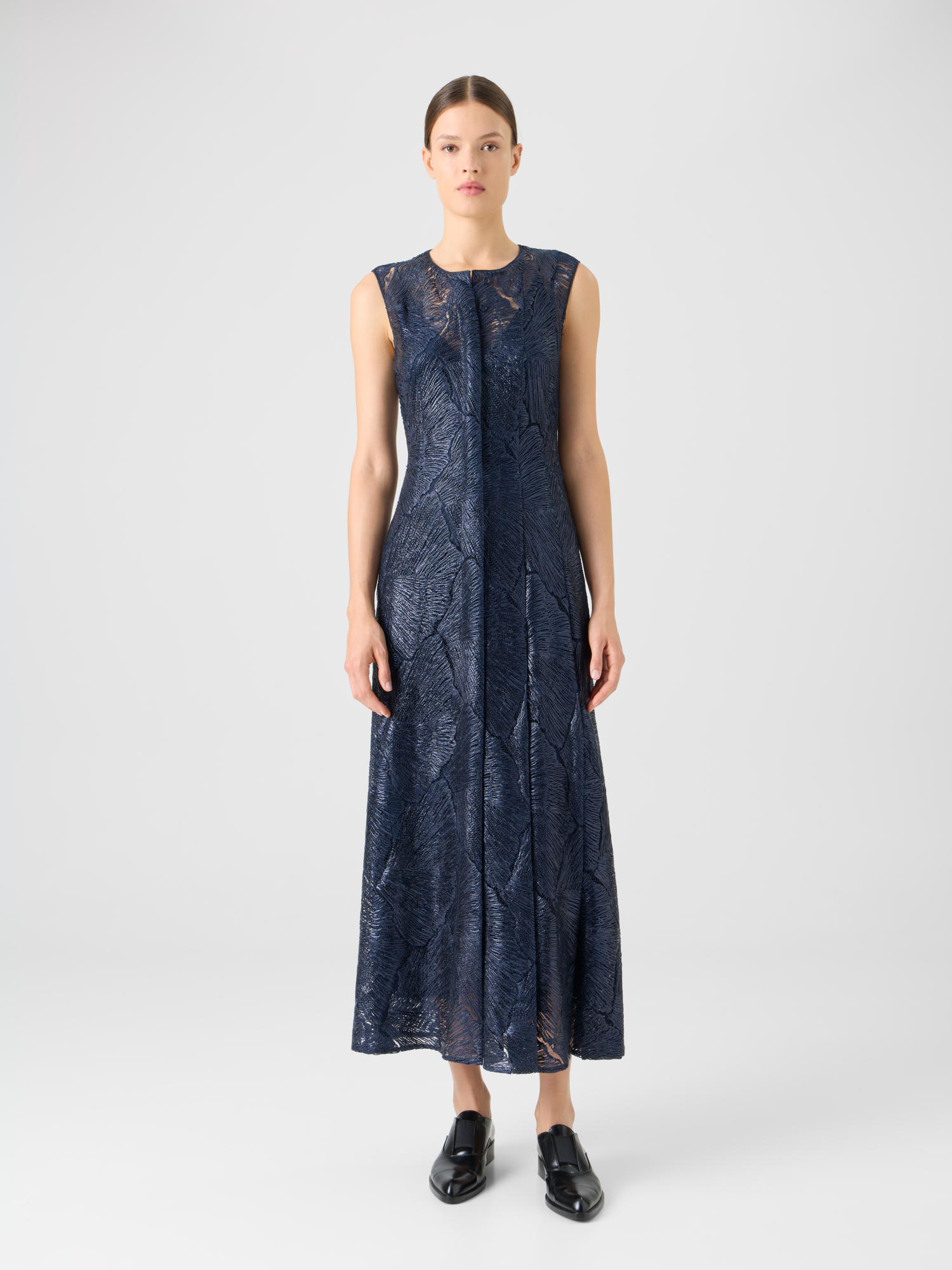 Designer Lacquered Sea Fan Lace Midi Dress - navy - blue 