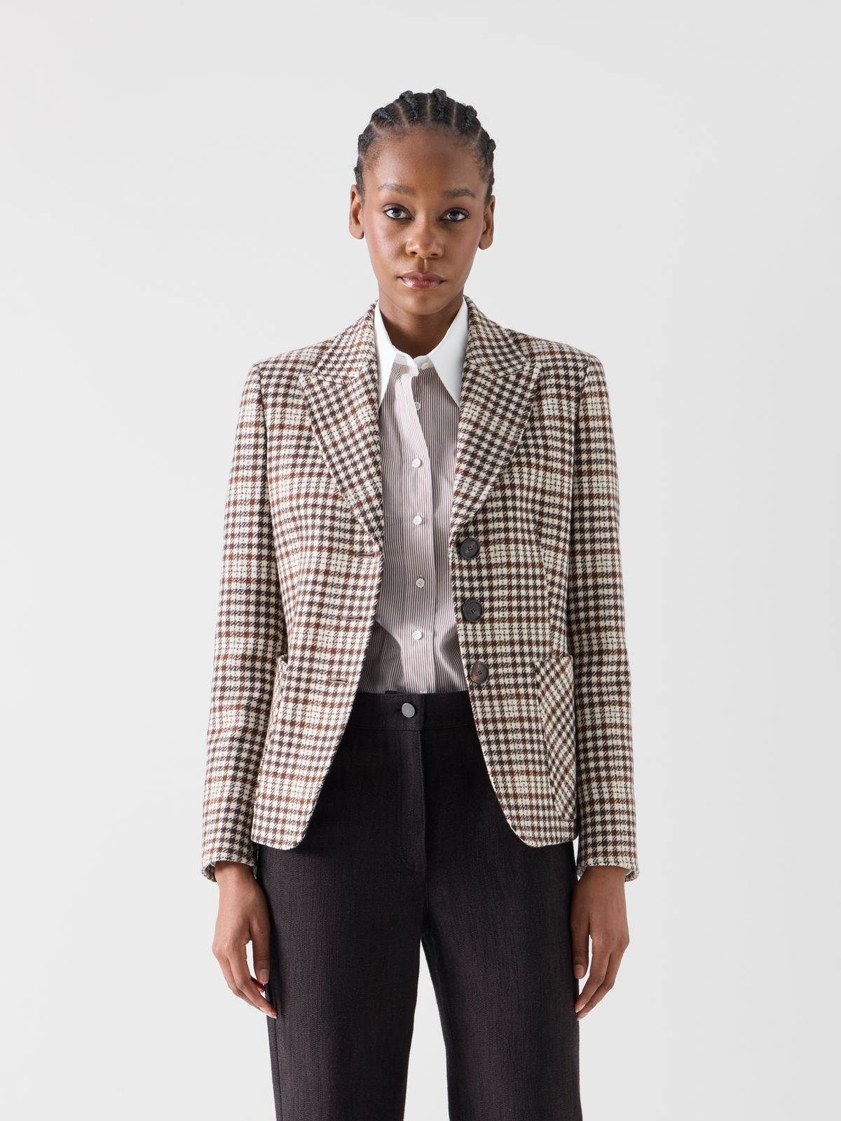 Designer Fitted Jacket in Check Wool Blend Tweed - multicolor - brown #editorial