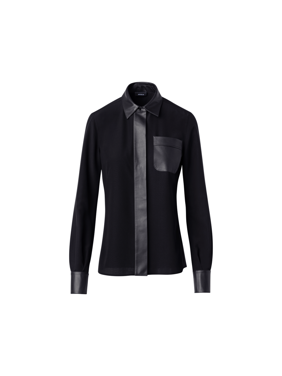 Designer Silk Crêpe Shirt Blouse with Leather Trims - black