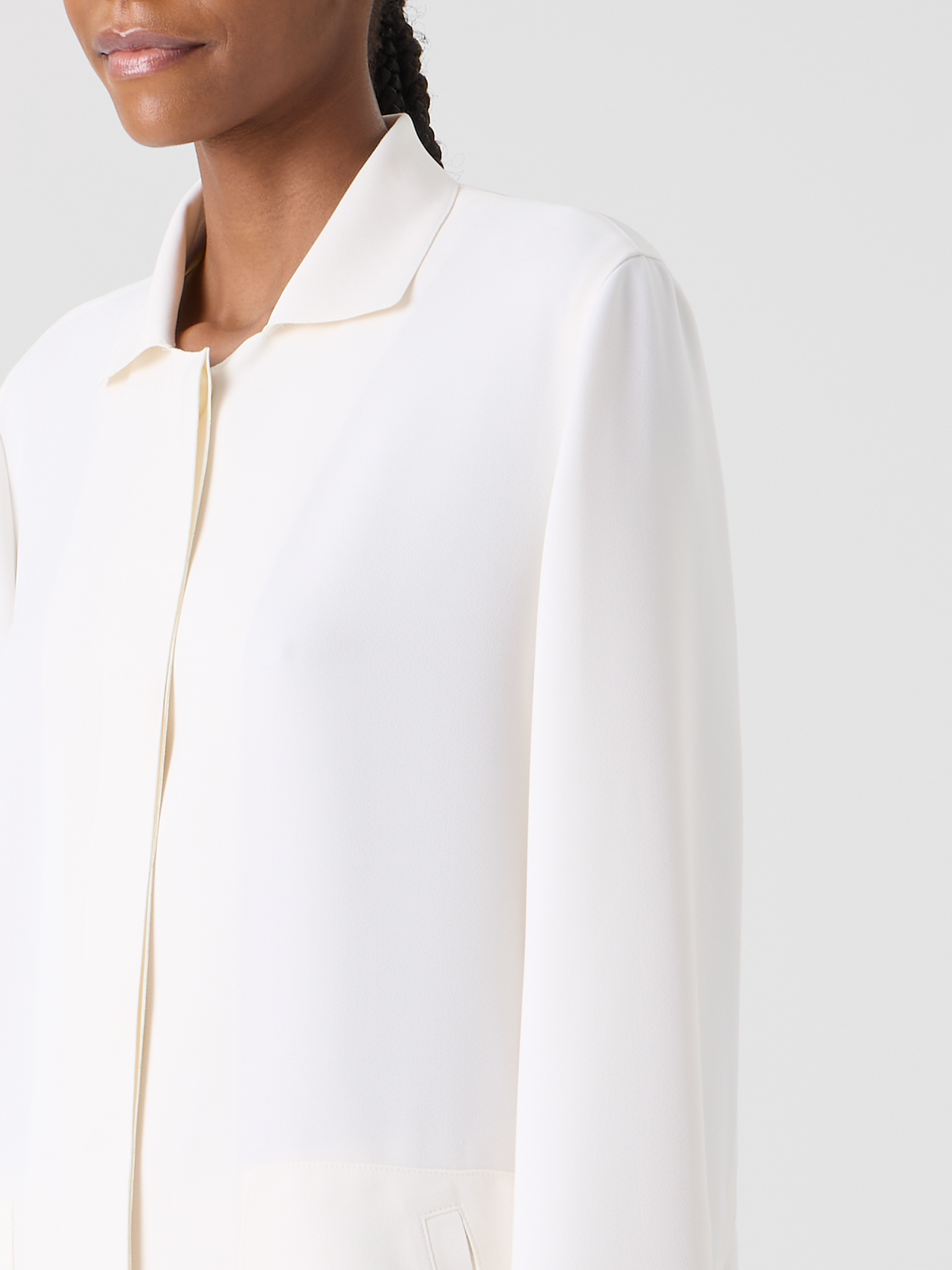 Designer Harp Long Techno Crêpe Jacket with Patch Pocket - ecru #editorial