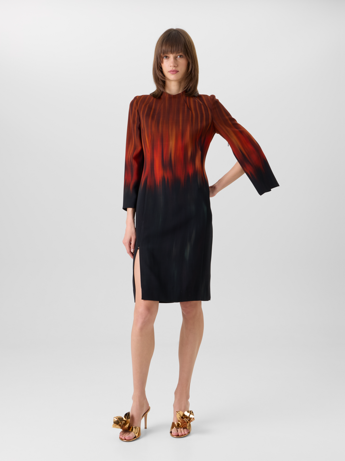Designer Wool Double-Face Dress with Fuego Negro Print - black - brown - red - multicolor #editorial