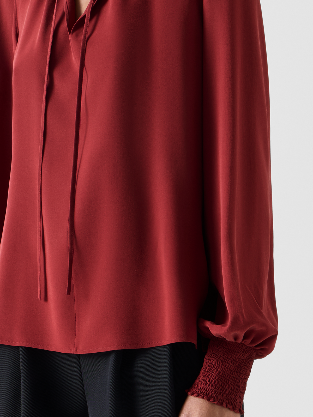 Designer Boho Silk Crêpe Blouse with Smocked Details - wine - red #editorial
