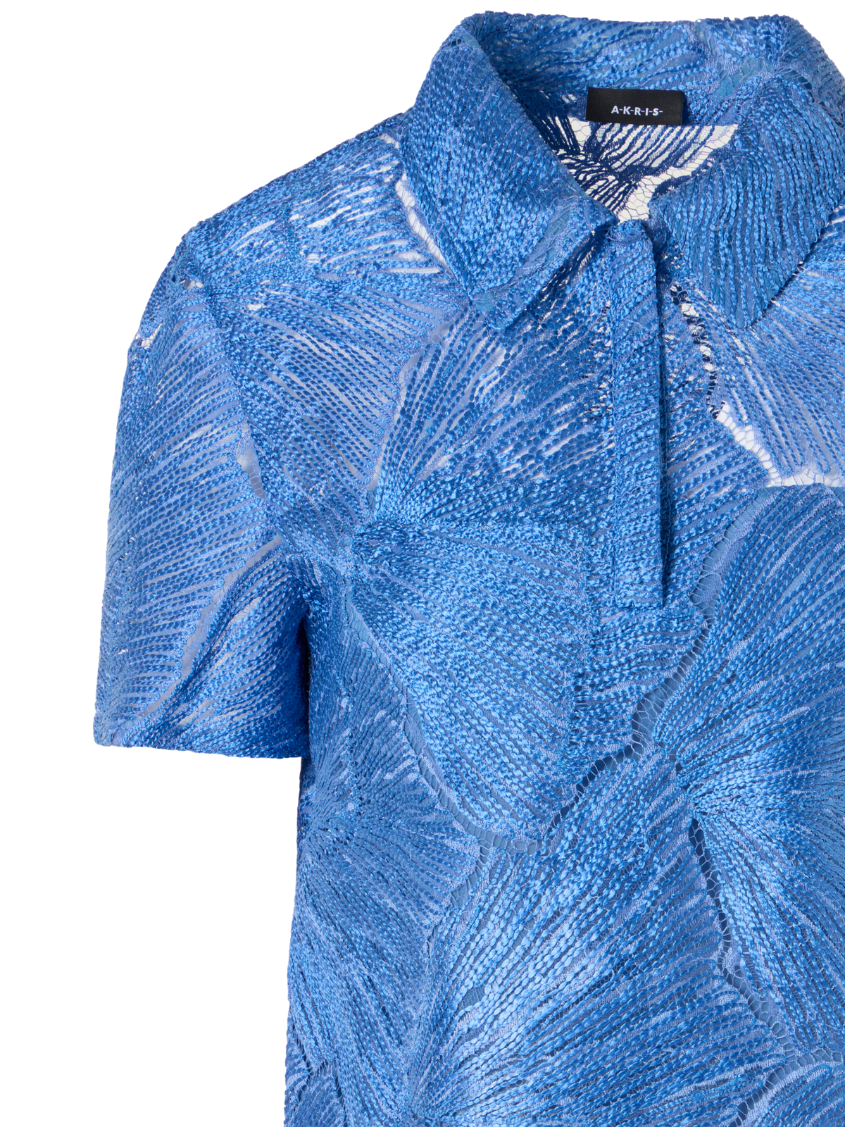 Designer Polo Blouse in Lacquered Sea Fan Lace  - blue