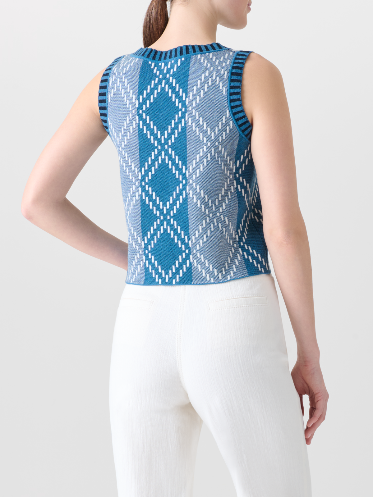 Designer Cropped Merino Knit Top with Diamond Jacquard - blue - multicolor #editorial