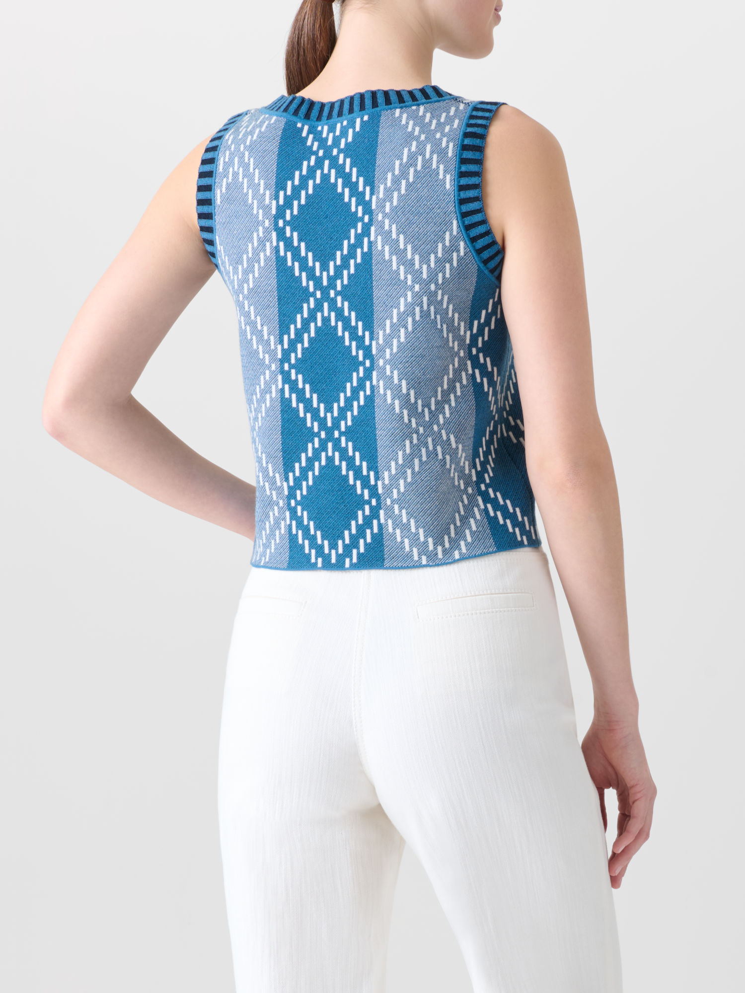 Designer Cropped Merino Knit Top with Diamond Jacquard - blue - multicolor 