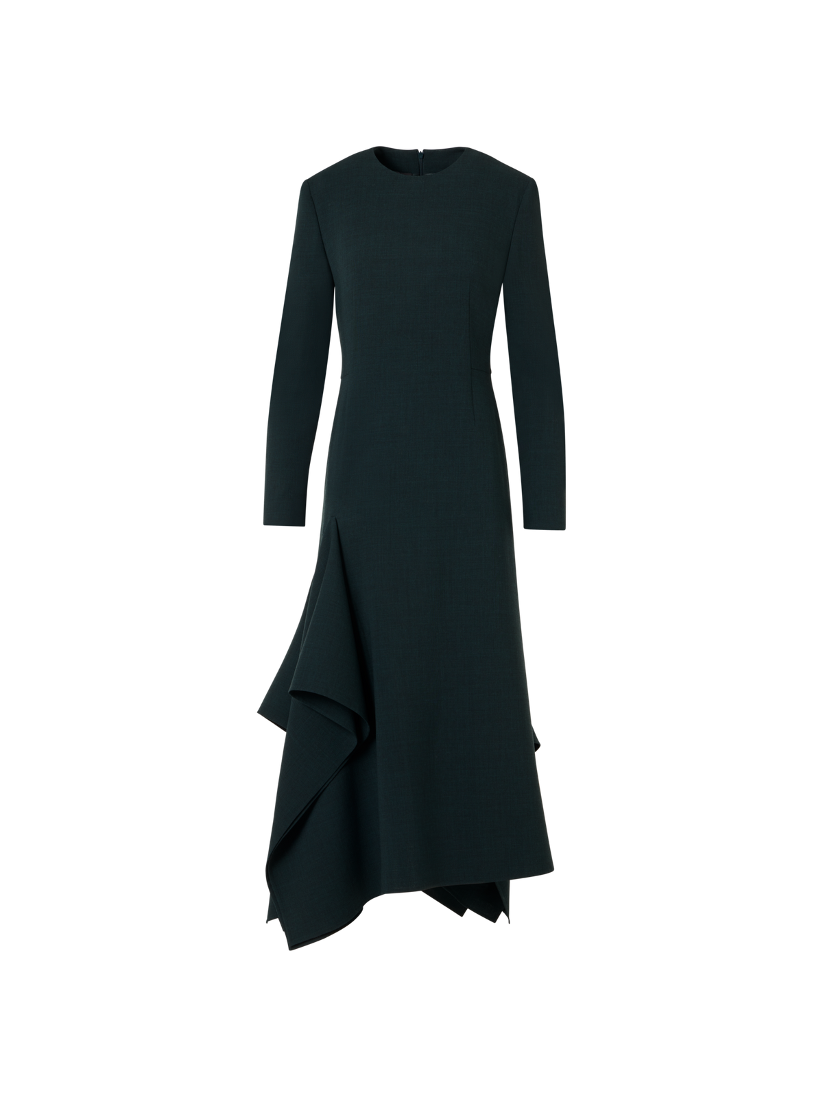 Designer Flared Midi Dress with Asymmetrical Skirt in Wool - green