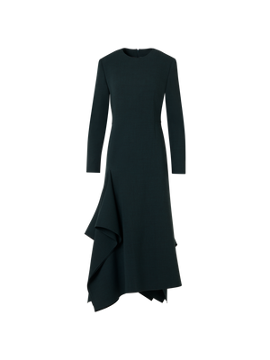 Designer Flared Midi Dress with Asymmetrical Skirt in Wool - green