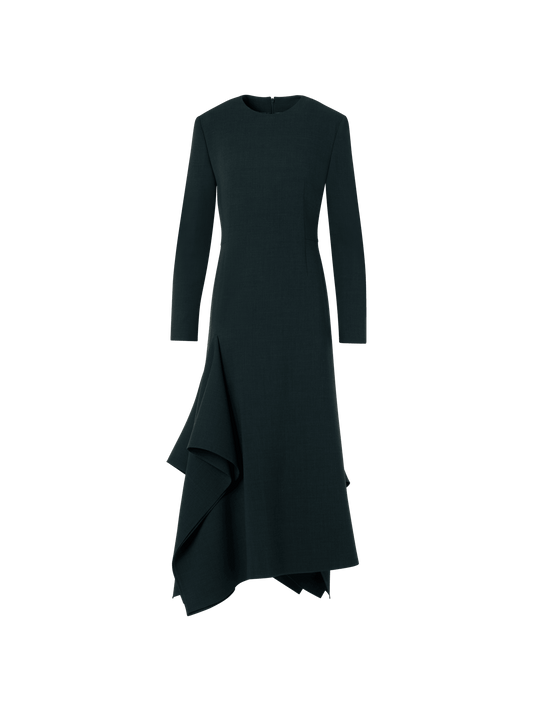 Designer Flared Midi Dress with Asymmetrical Skirt in Wool - green