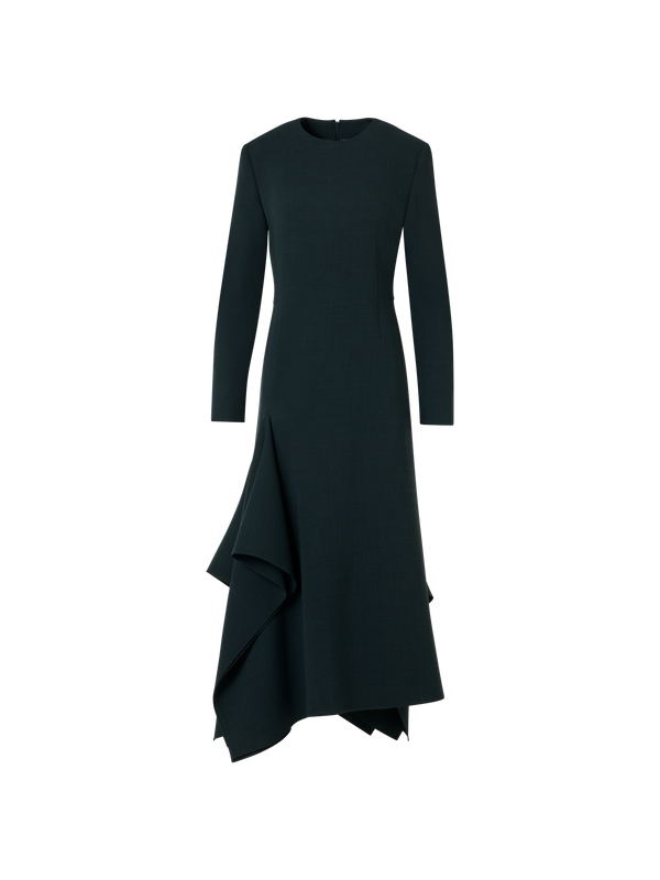 Designer Flared Midi Dress with Asymmetrical Skirt in Wool - green