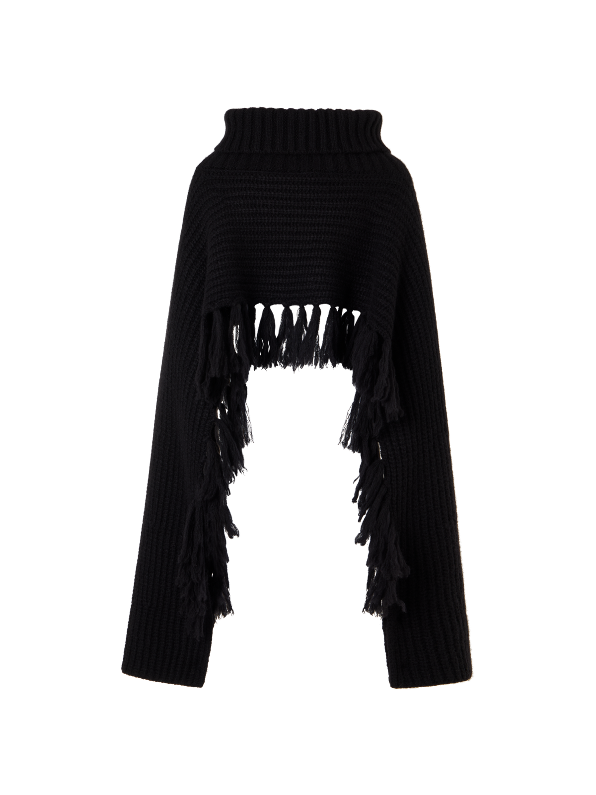 Designer Cashmere Silk Cape Scarf with Turtleneck and Fringes - black