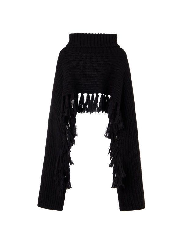Designer Cashmere Silk Cape Scarf with Turtleneck and Fringes - black