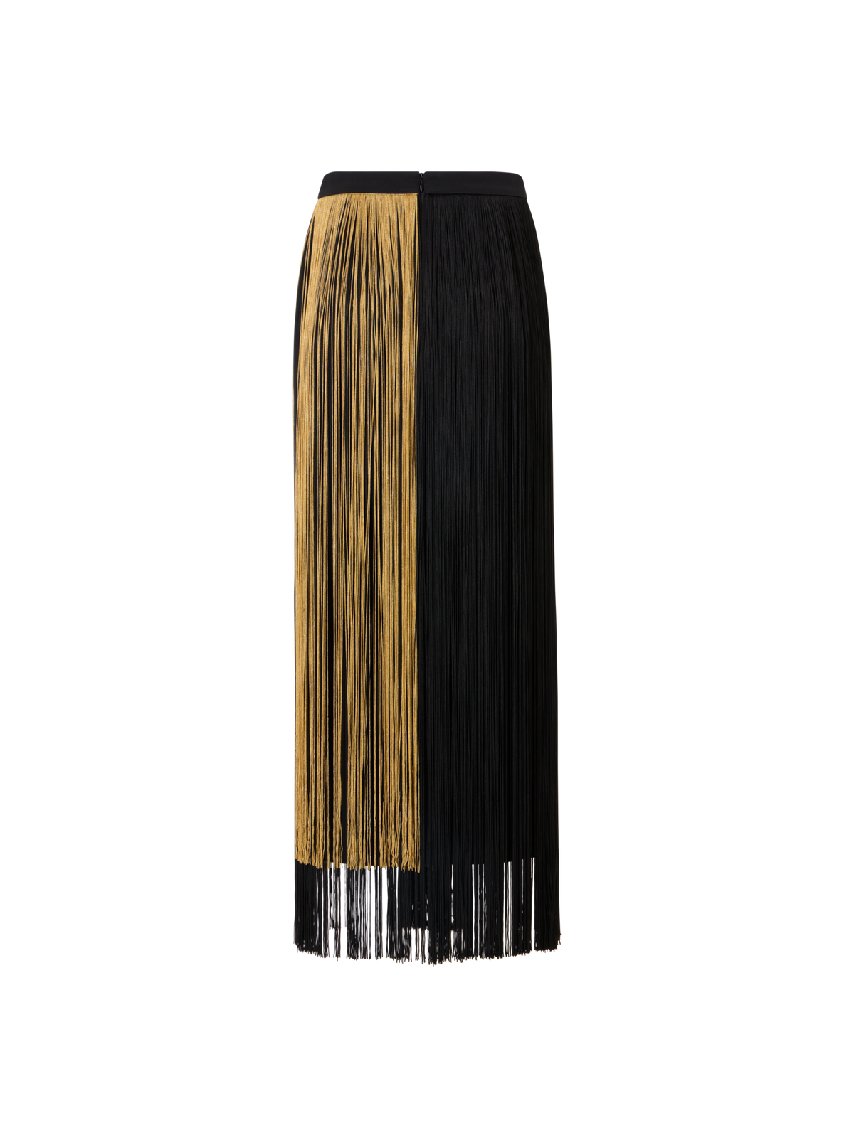 Designer Silk Pencil Skirt with Oro Lienzo Fringes - black - gold - multicolor