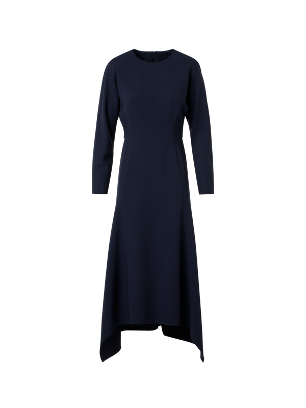 Designer Asymmetrical Cool Wool Midi Dress - navy - blue