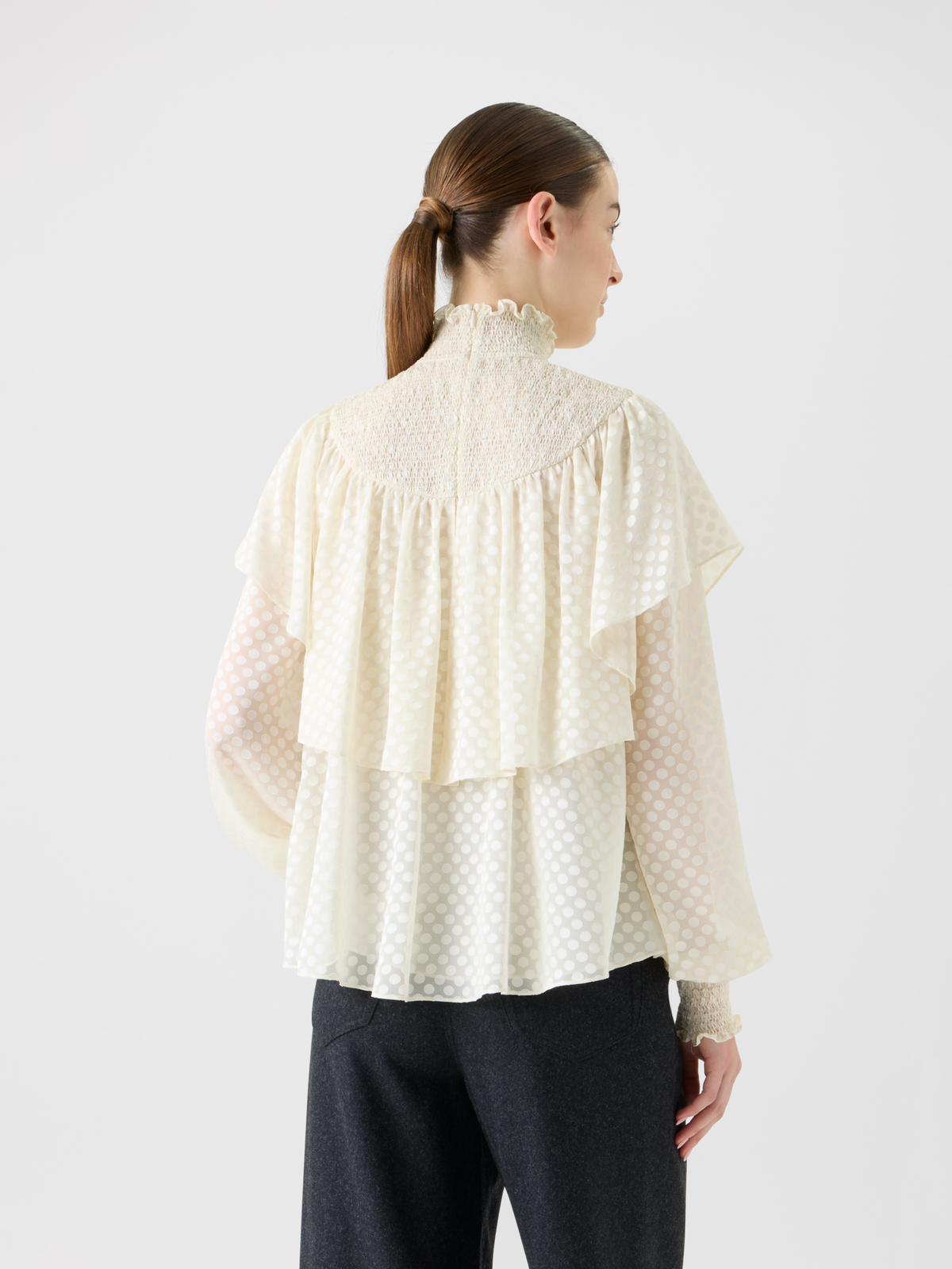 Designer Boho Smocked Flounce Shoulder Dotted Blouse - neutral - ecru - white #editorial