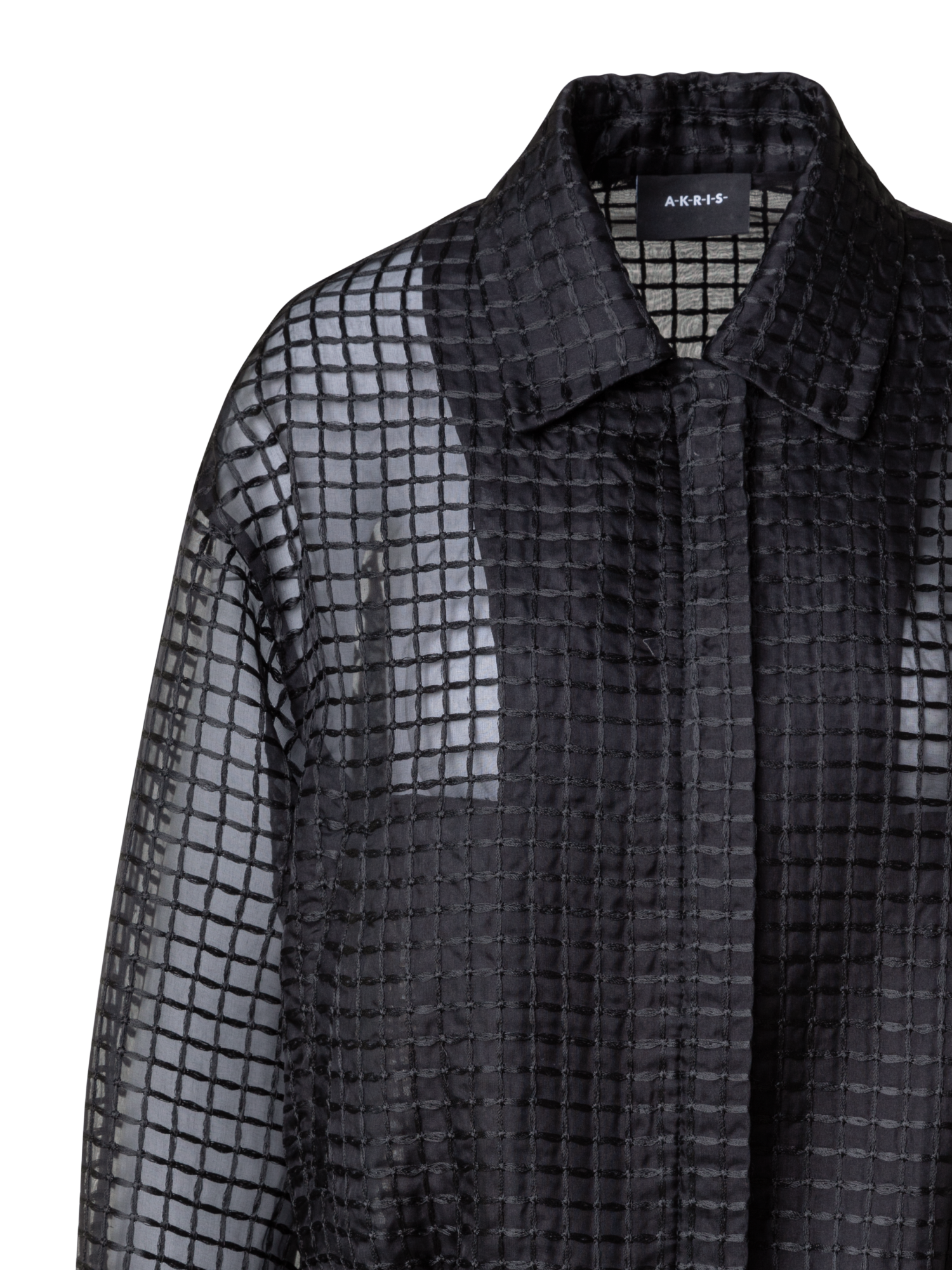 Designer Sheer Silk Blouson with Window Plaid Embroidery - black