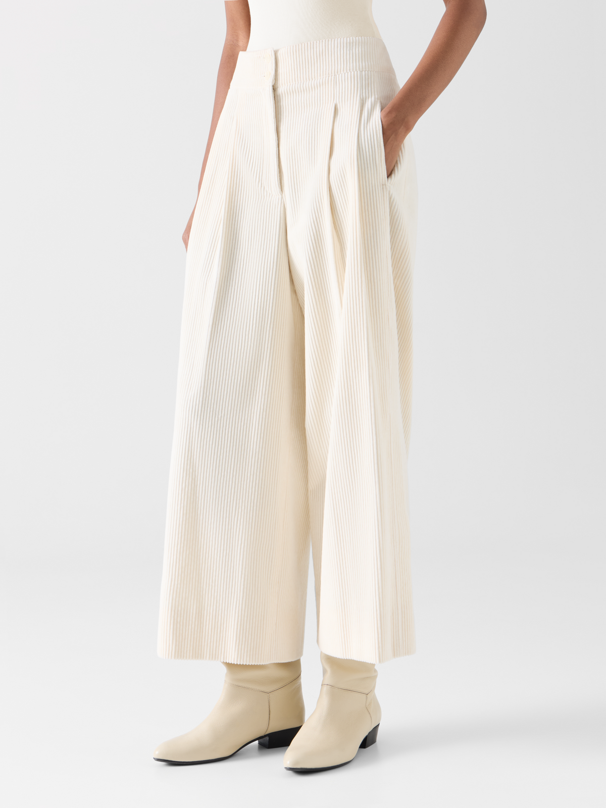 Designer Cropped Wide Pleated Pants in Cotton Corduroy - ecru #editorial
