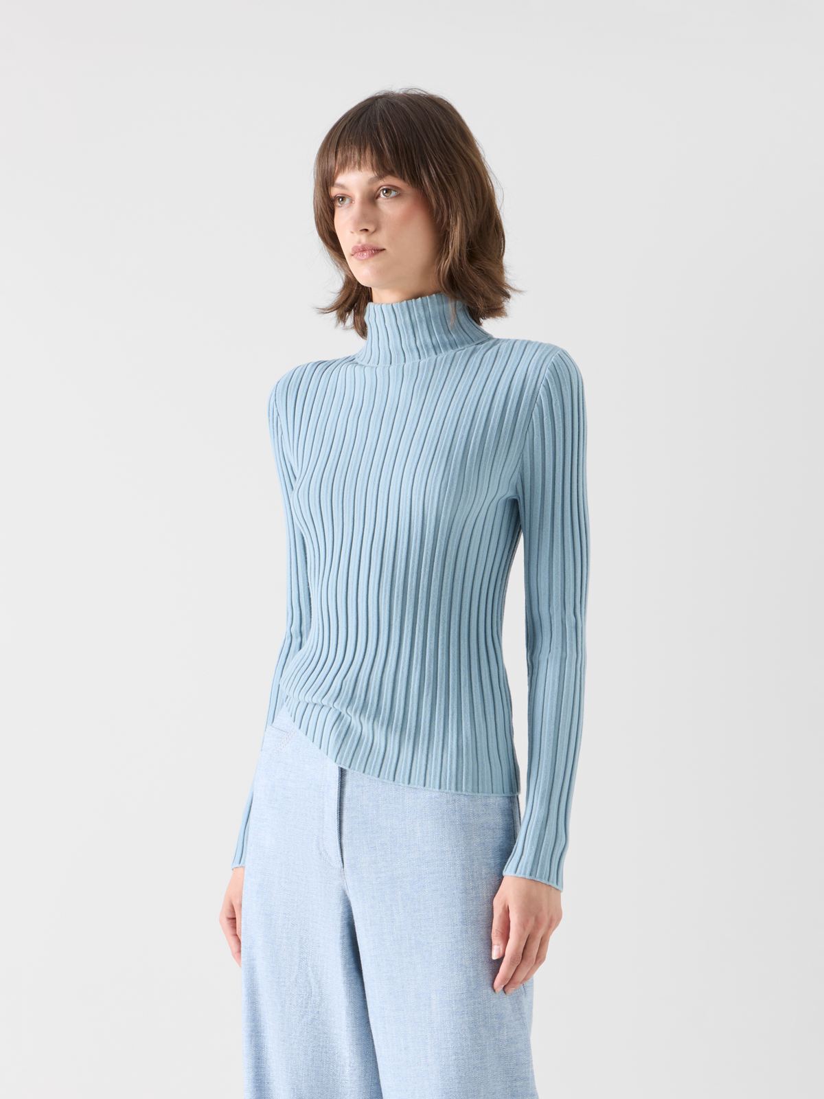 Designer Reversed Rib Merino Knit Turtleneck - blue 