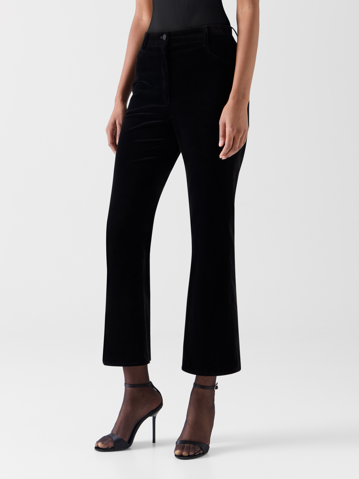 Designer Cropped Bootcut Cotton Stretch Velvet Pants - black 