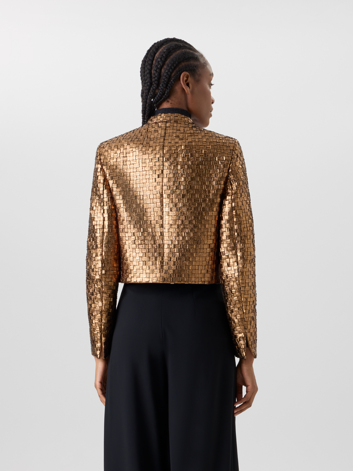 Designer Short Metal Braid Jacket with Satin Details - gold 