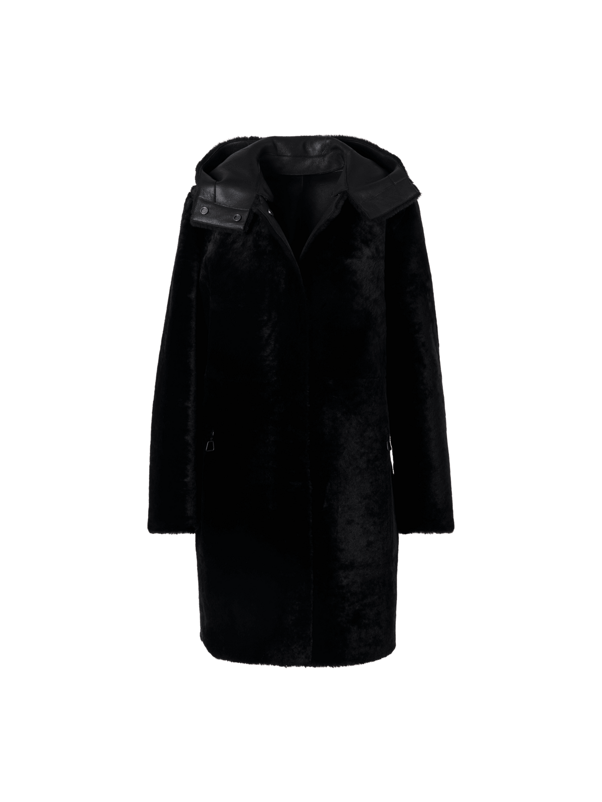 Designer Reversible Lamb Shearling Coat with Detachable Hood - black
