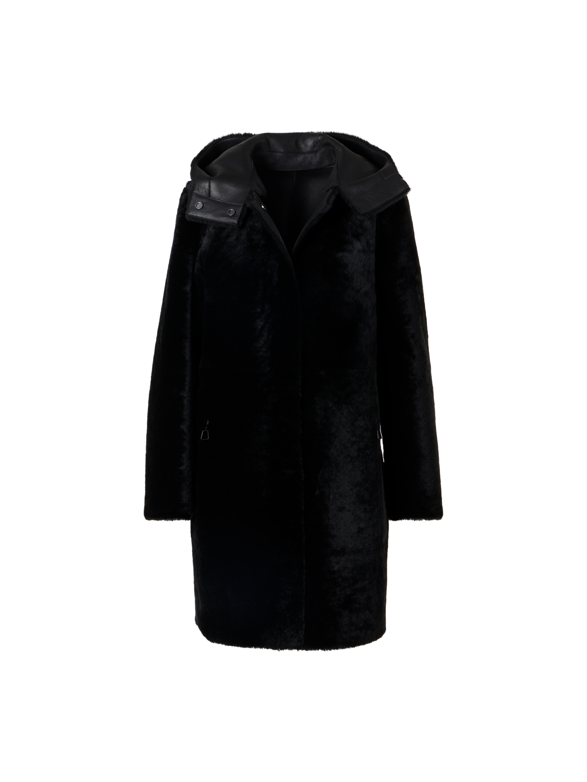 Designer Reversible Lamb Shearling Coat with Detachable Hood - black