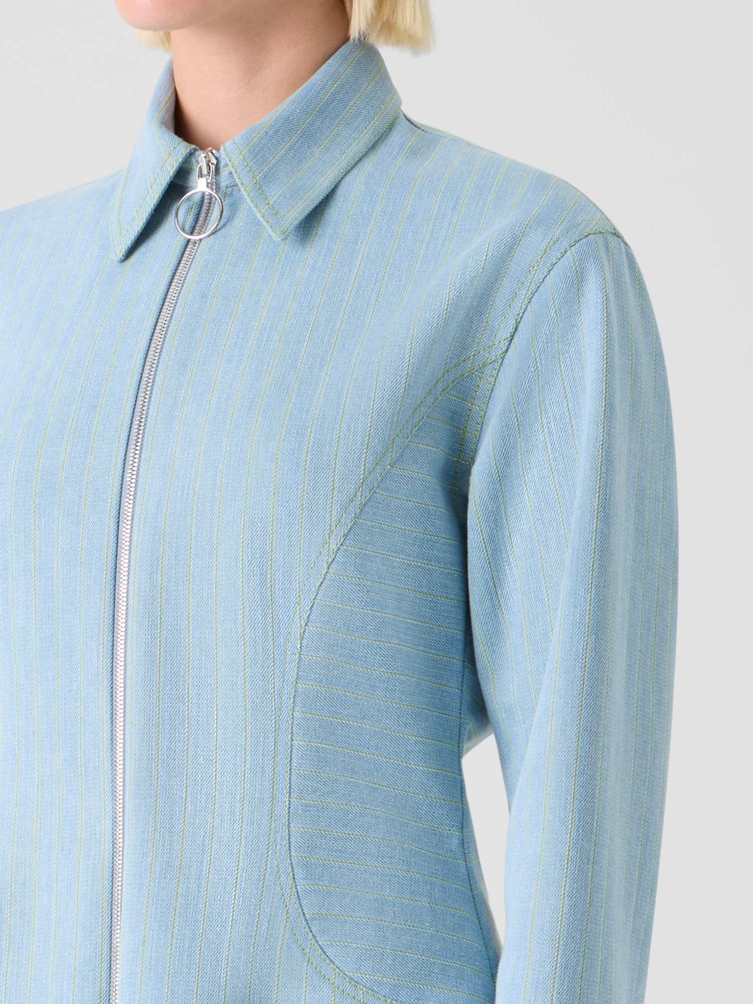 Designer Pinstripe Denim Fitted Blouse - pastel - blue