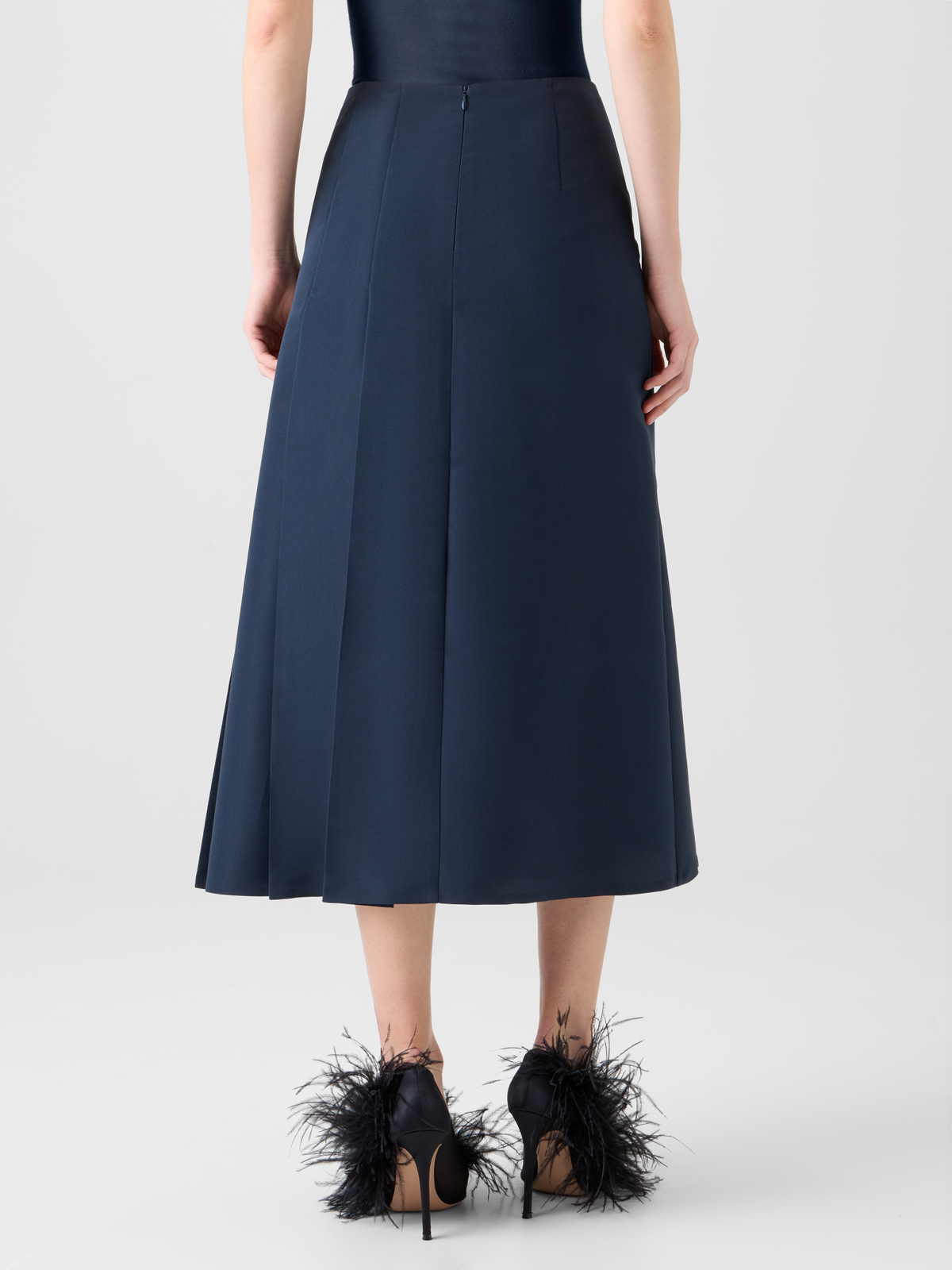 Designer Half-Pleated Ottoman Silk Midi Skirt - neutral - navy - blue #editorial