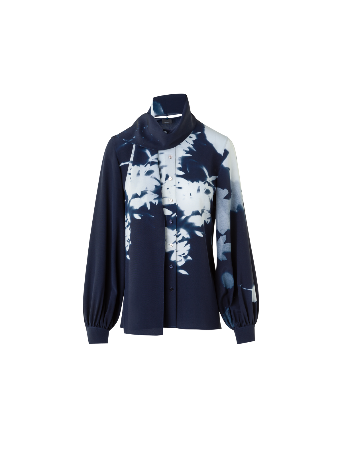 Designer Tie Neck Silk Blouse in Wildflower Print - neutral - navy - blue - multicolor