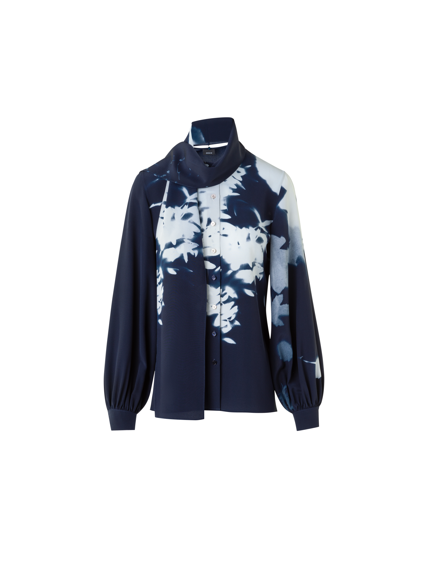 Designer Tie Neck Silk Blouse in Wildflower Print - neutral - navy - blue - multicolor