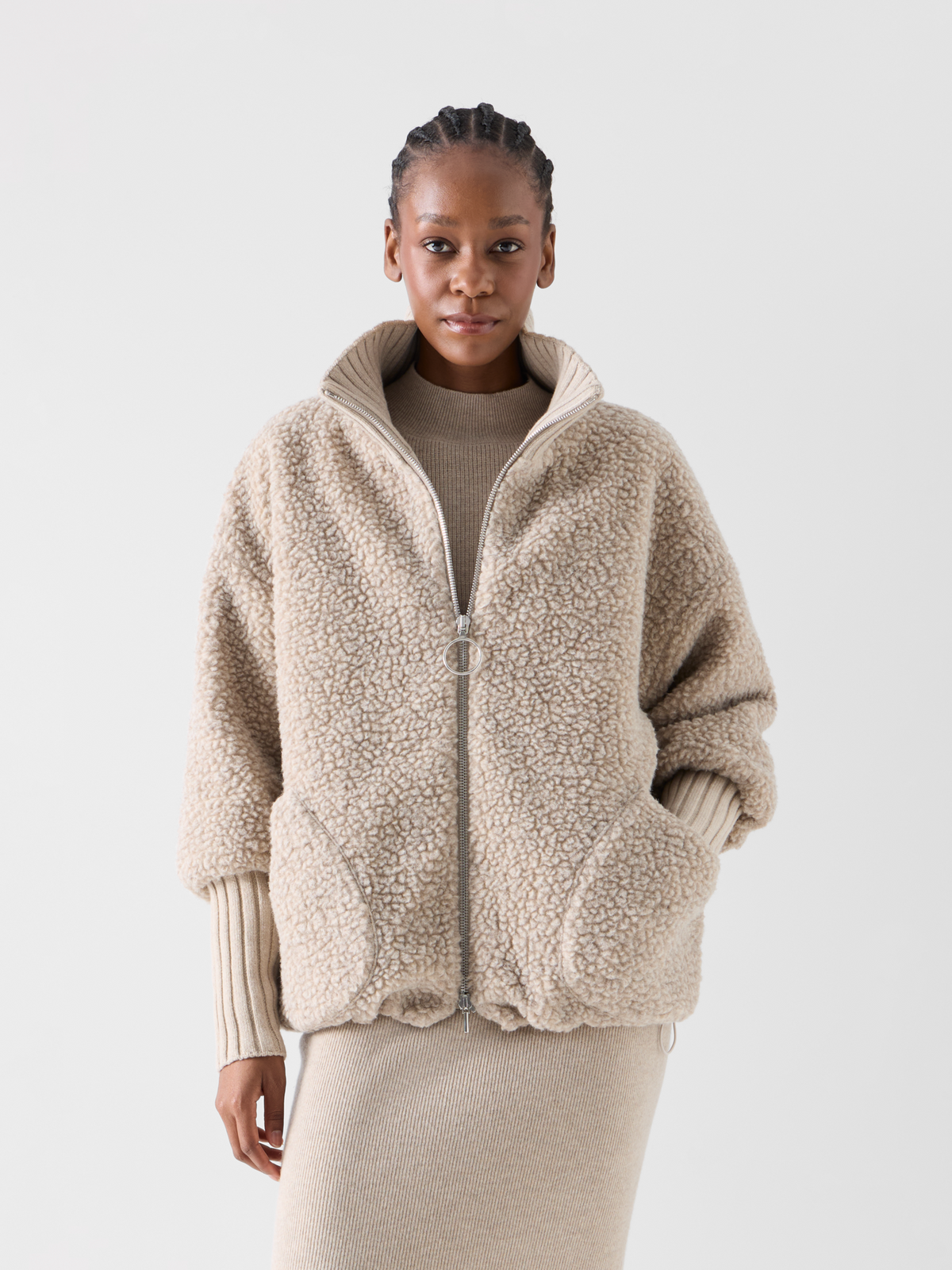 Designer Fleece Bouclé Quilted Jacket with High Knit Cuffs - beige 